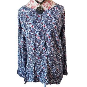 Avenue Blue & Red Paisley Floral Tie Back Blouse